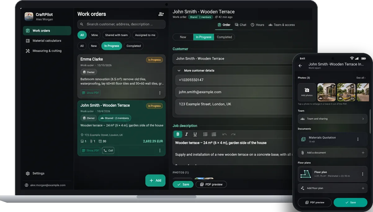 CraftPilot na laptopie i telefonie: zlecenia i otwarte zlecenie w przeglądarce, to samo zlecenie na telefonie